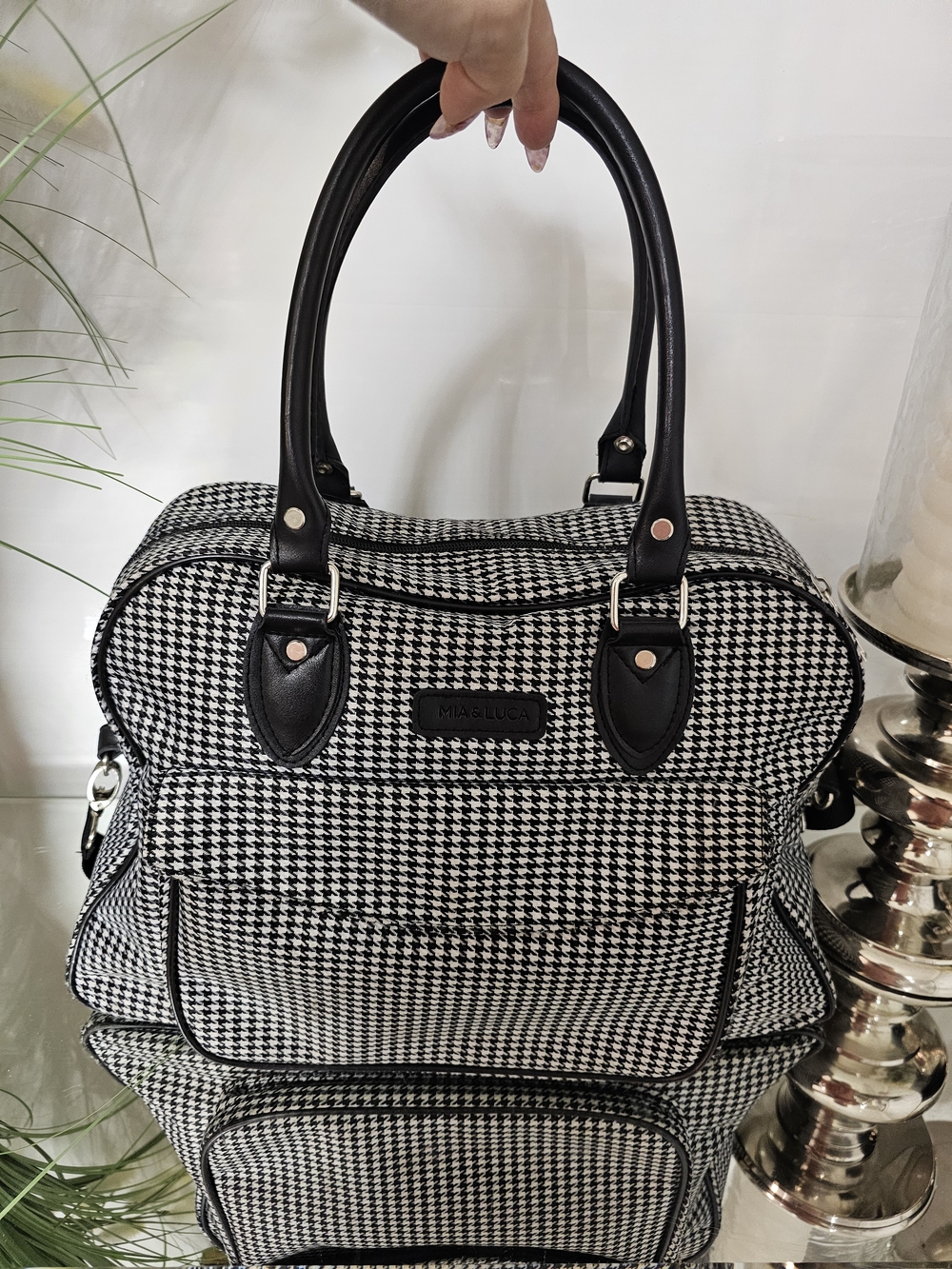 Black & White Houndstooth Tote Bag with Black Trim
